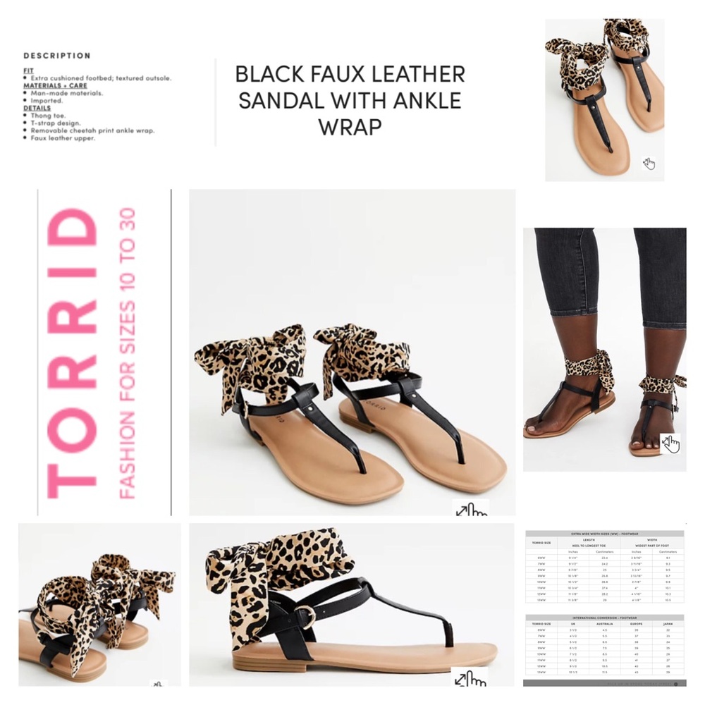 Torrid size 8.5 black faux leather sandal with leopard print scarf wrap NWT